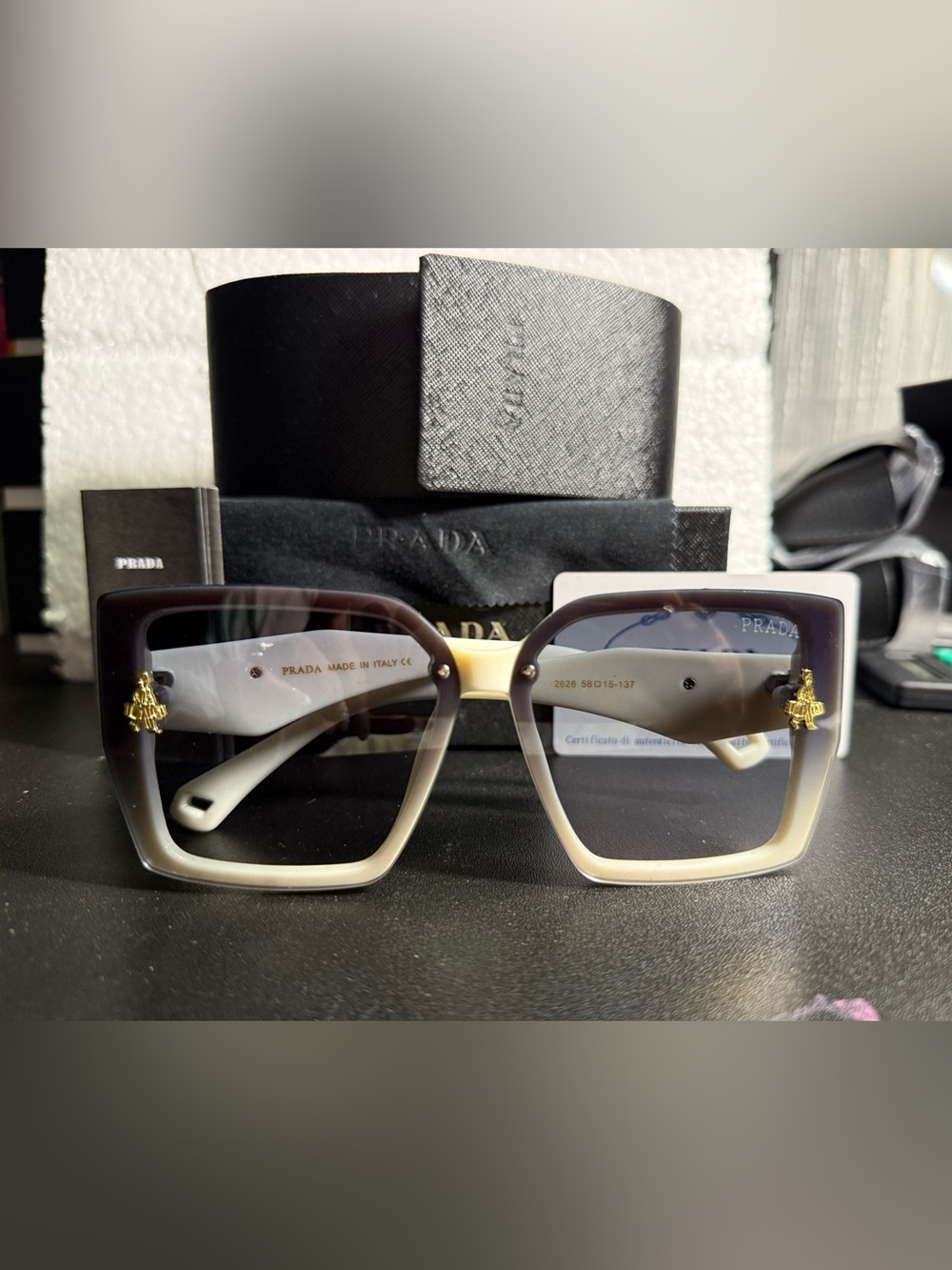 Prada Gradient Brown to Cream Oversized Square Sunglasses with Gold Bee Accents